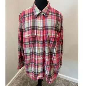 Chaps Womens 1X Plaid Flannel Shirt Pink Purple Green Long Sleeve Button Up